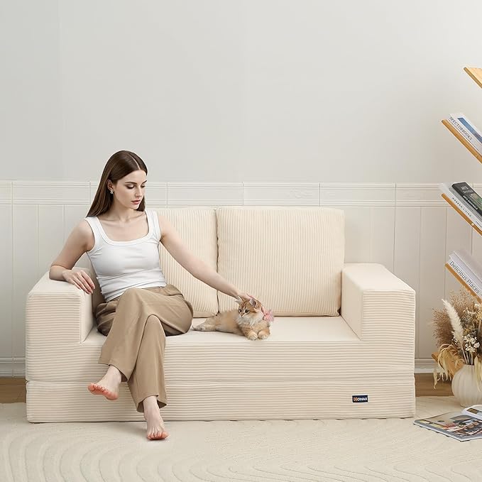 COMAX Convertible Sofa Bed Queen Folding Fold Out Couch Bed Floor Futon Couch Corduroy Sleeper Mattress with Back Pillows Boneless Sofa Comfy Lounge Loveseat for Living Room Bedroom Beige