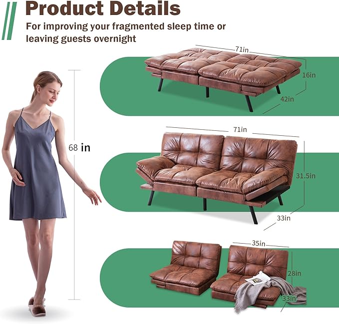 Opoiar Futon Sofa BedLounge Memory Foam Sleeper Couch for Living RoomConvertible Loveseat for Compact Living SpacesStudio ApartmentDormHome Office71-Brown-Faux Leather-Thicker versio