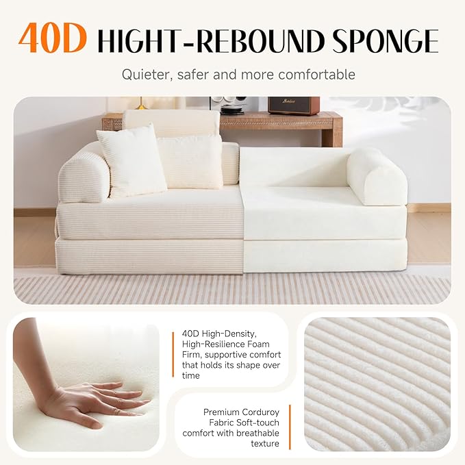 79 Corduroy Sofa Bed Sleeper Couch 6-in-1 Convertible Boneless Floor Futon Loveseat High-Density Foam Couch in a Box with 2 Headrest Pillows No Assembly Beige