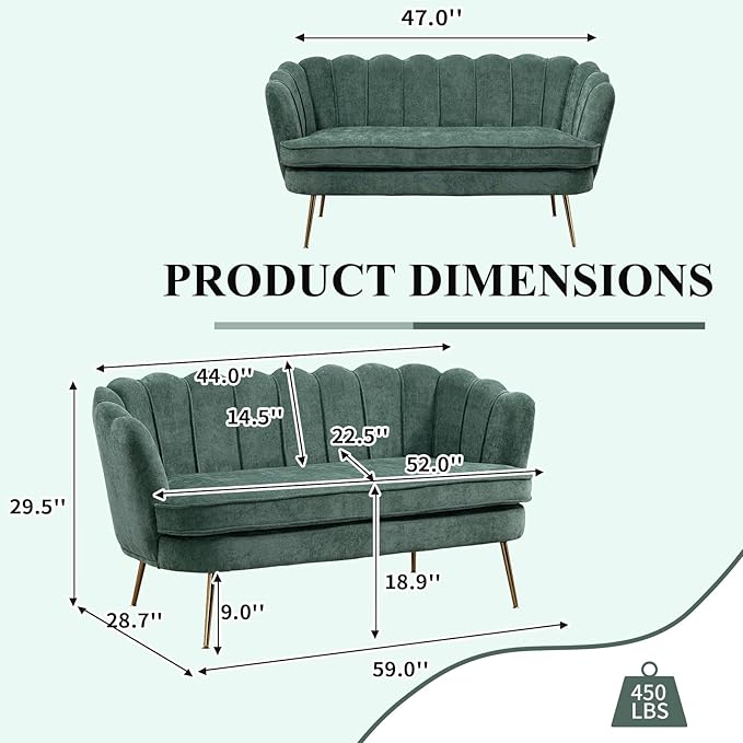 59 Wide Loveseat Sofa Chenille Upholstered Small Couch with Petal-Shaped Design Modern Leisure Sofa with Gold Metal Legs Mini Room Couch for Bedroom Apartment (Green-Chenille)