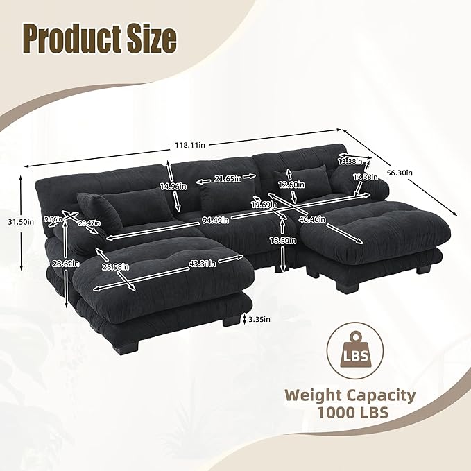 KEIKI 118 U-Shaped Oversized Pelletized Velvet Sectional Sofa with 2 Ottomans Free Combined 3-Seater Cloud Modular Couch with Bolster Armrest Pillow Easy Assembly for Apartment Living Room Black