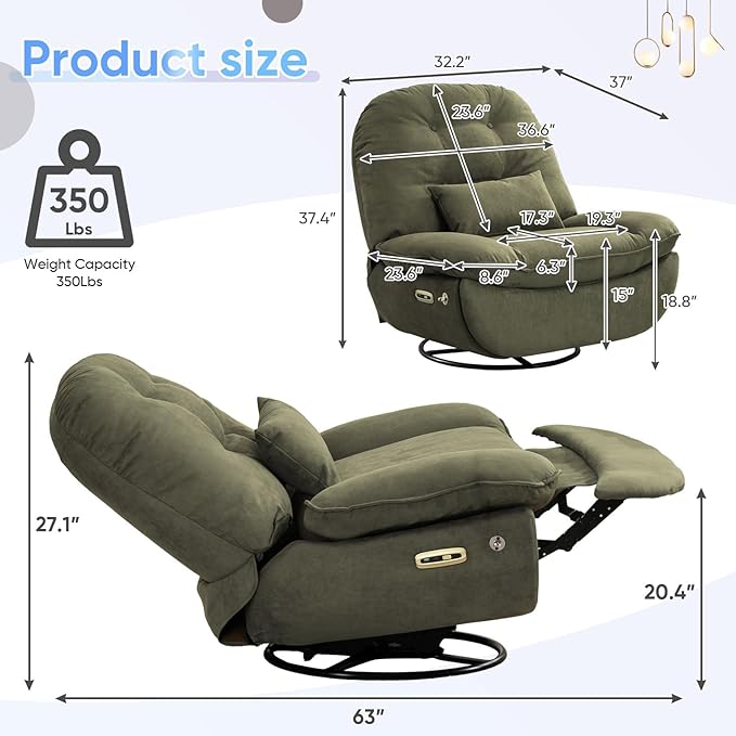 Smart Oversized Electric Recliner Chair 360° Round Swivel Rocking Glider Rocker for Adults Modern Comfy Ergonomic Chaise Lounge Indoor Theater Seating Living Room Reading Emerald Green Fabric