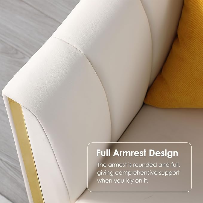 FOTOSOK White Leather Couch Sofa Office Couches 78'' Apartment Faux Leather Sofa with 2 Throw Pillows &amp Gold Metal Legs Waterproof 3 Seater Couches for Small Living Room Luxury Cloud Sofa