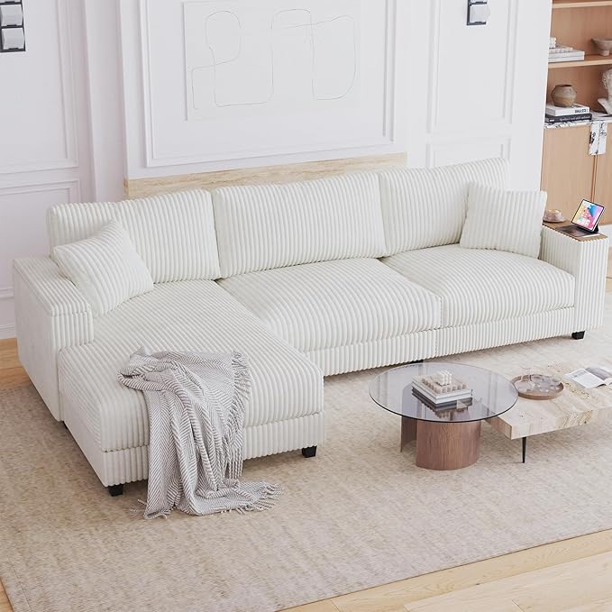114.5” Corduroy Sectional Couch with 2 Pillows with Reversible Chaise Oversized Sofa L Shaped Couch with Two Armrests Hidden Storage Space Sectional Couches for Living Room Whtie