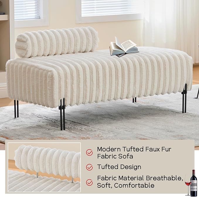 NIOIIKIT 49.6 Modern Loveseat Sofa Couch Upholstered Accent Sofa with Golden Legs and Adjustable Backrest Small Faux Fur Couches for Bedroom Living Room Compact Small Space (Beige)