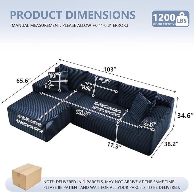 103 L-Shape Cloud Couch with Chaise Upholstered Corduroy Modular Sectional Sofa Deep Seat Couch with Free Combination for Living Room &amp ApartmentNo Assembly Required(BlueLeft Facing Chaise)
