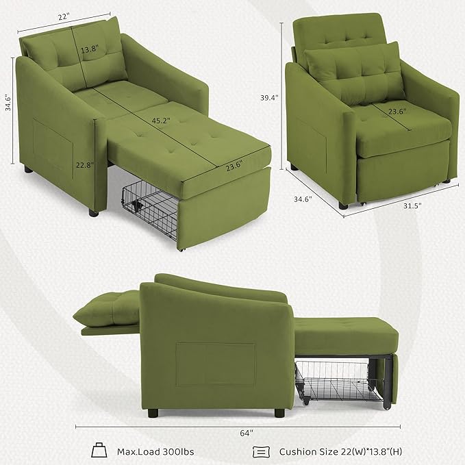 Bezseller Convertible Sofa Bed Chair 3-in-1 Sleeper Chair with Storage Drawer Pull Out Couch with Side Pocket Pillow and Adjustable Backrest for Small Spaces Living Room Green