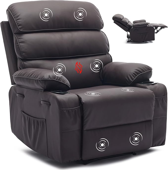 PU Leather Recliner Chair with Heat &amp 8-Point Massage Extra Wide Manual Recliner for Adults q235 Steel Frame Side Pockets 1.5X Comfort Arm &amp Back Lazy Boy Sofa for Living Room - Dark Brow