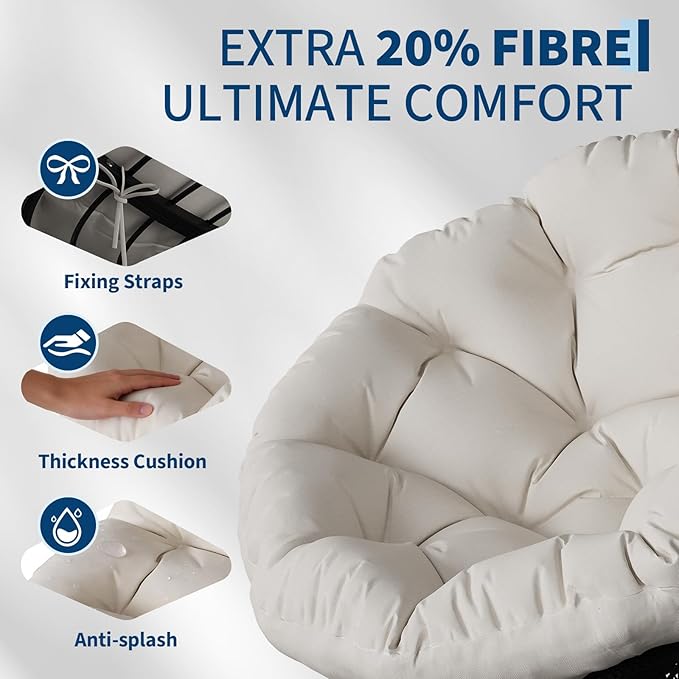 Papasan Chair 37 Ergonomic Wicker Papasan Chair with Extra-Thick Soft Fabric Cushion Heavy-Duty Steel Frame 360° Swivel Base for Living Room Bedroom &amp Reading Nook – White - Black Stand