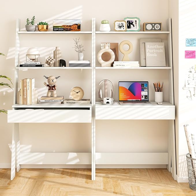 Giantex 3 Tier Ladder Desk with Drawer 33’’ Width Ladder Shelf with Anti-Tipping Device Freestanding Bookshelf Leaning Computer Desk with Shelves for Small Space (White)