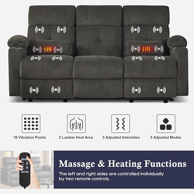 80'' Power Reclining Sofa with Heat and Massage Electric Reclining Couch with Extended Footrest Wall Hugger 3-Seater Recliner Sofa with USB Ports Cup Holders for Living Room