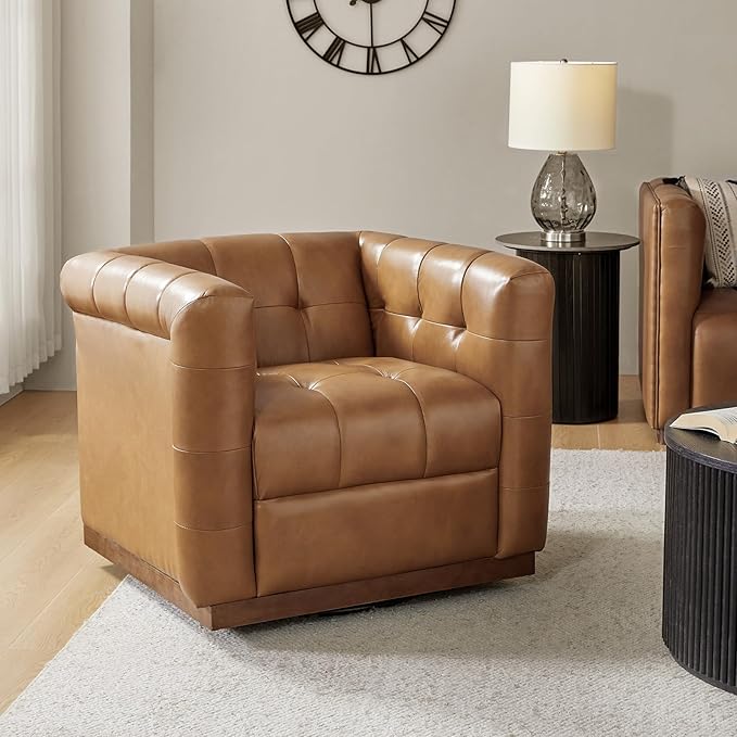 HULALA HOME Genuine Leather Swivel Accent Chair with Wooden Base Mid Century Modern Square Accent Chair for Living Room Bedroom Club Camel
