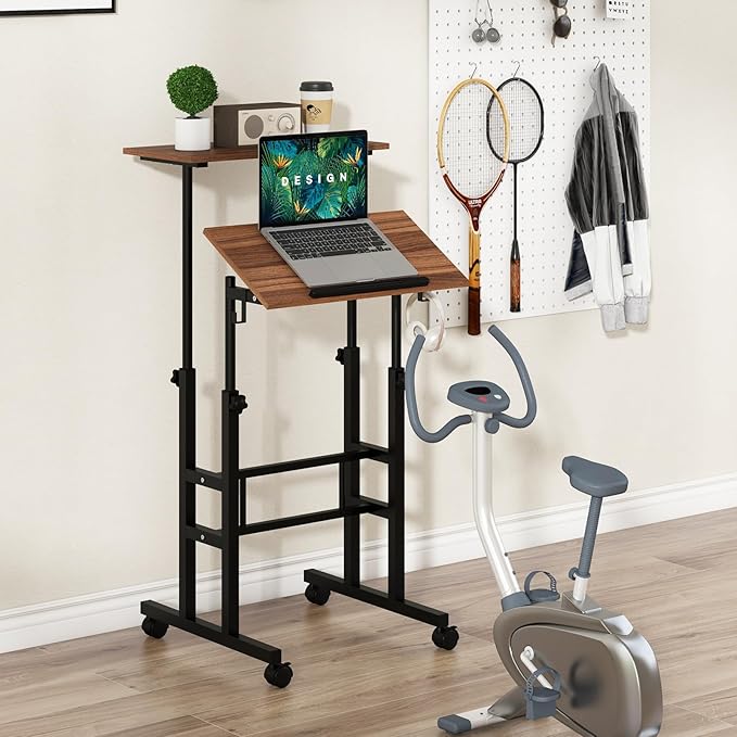 Tangkula Mobile Standing Desk Height-Adjustable Laptop Podium Cart with Tilting Tabletop &amp Adjustable Angle Rolling Stand Up Computer Desk with 2 Hanging Hooks &amp Lockable Casters for Home Of