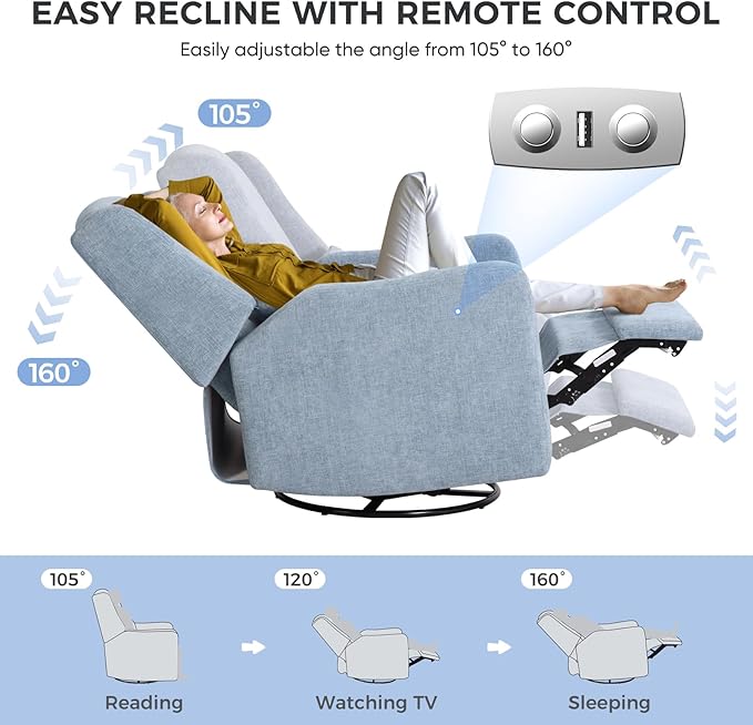 Power Recliner Chair Swivel Glider Large Rocker Recliner w/USB Charging Port Chenille Upholstered Nursery Glider for Bedroom NurseryLiving Room Set of 2 Blue