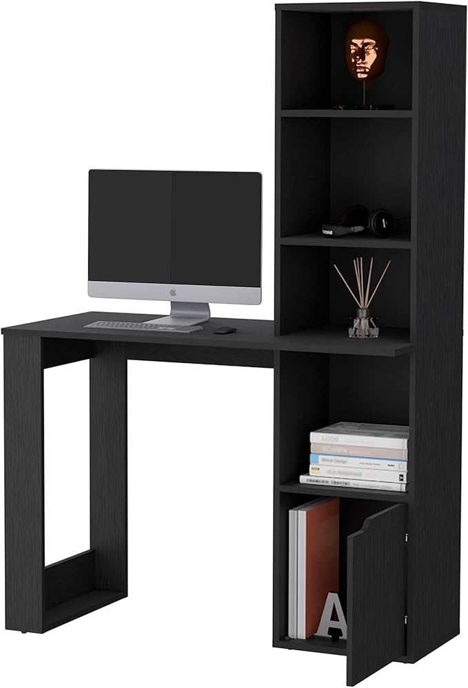 Computer Desk with 4-Tier Bookcase and 1-Door Cabinet Ample Work Surface for Home Office Living Room Black