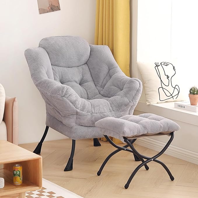Tiita Lazy Chair with Ottoman Light Grey Modern Large Accent Armchair Comfy Leisure Sofa Reading Chair with Footrest for Bedroom Living Room Dorm Rooms Garden Plush Light Grey