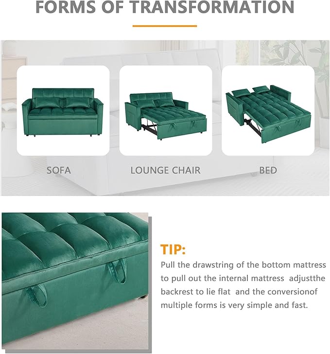 54 Convertible Sofa Bed Velvet Sleeper Sofa with Pull-Out Bed 3-in-1 Futon Couch with Reclining Backrest and Side Pocket Modern Loveseat for Living Room (Dark Green)