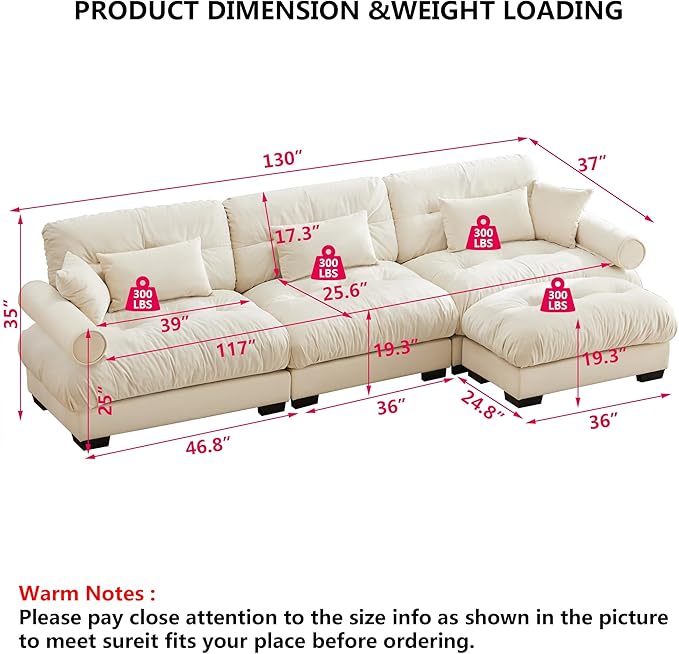 Aoowow Oversized 3 Seater Cloud Sofa Couch with Ottoman for Living RoomVelvet Large L-Shaped 3 Seat Cloud Sofas Deep SeatModern Modular Sectional Sleeper CouchesTufted