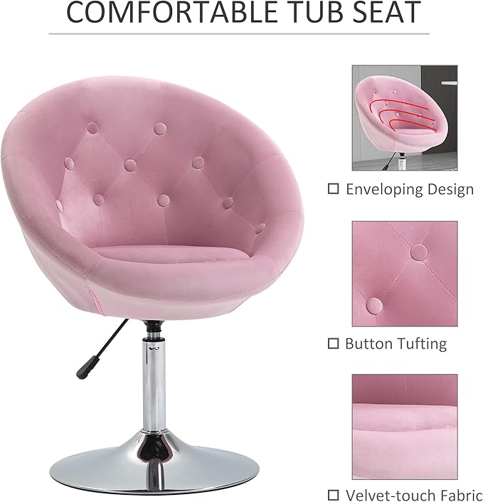 Modern Makeup Vanity Chair Round Tufted Swivel Accent Chair with Chrome e Height Adjustable for Living Room Bedroom Pink