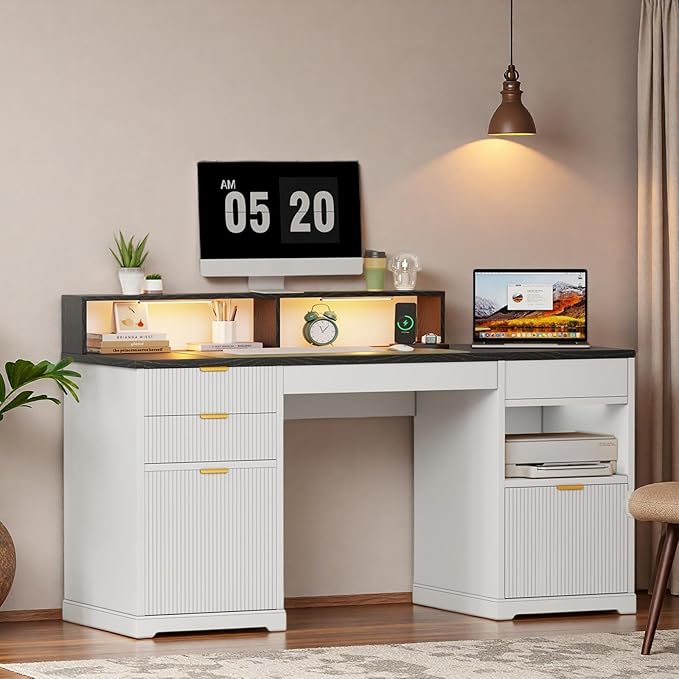 Fluted Desk with Drawers 63 Home Office Executive Desk with Lift Top Filing Cabinet Gaming Desk Charging Station Sensor Lights Computer Table with Monitor Stand White