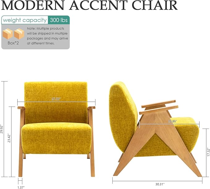 2 Pcs Home Accent Chair Mid Century Modern Accent Chair with Wood Frame Lounge Upholstered Armchair Reading Chair Sturdy BaseFor Living Room BedroomOfficeComfy Guest Waiting Room ChairsYellow