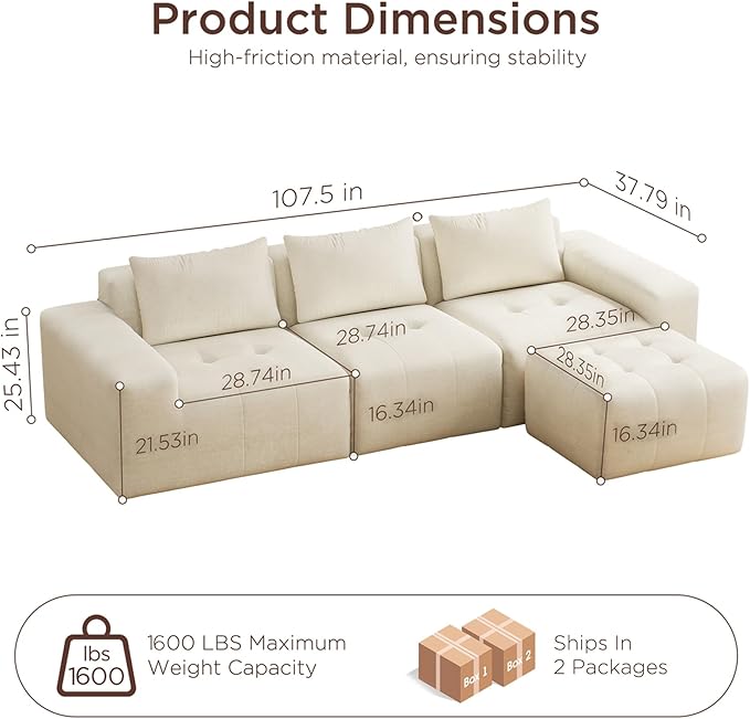 Maupvit 108 Modular Sectional Sofa Modern Cloud Couch L-Shaped Convertible Sleeper Sofa Bed with Movable Ottoman Deep Seat Boneless Comfy 3 Seater Couches for Living Room Beige | Breathable materi