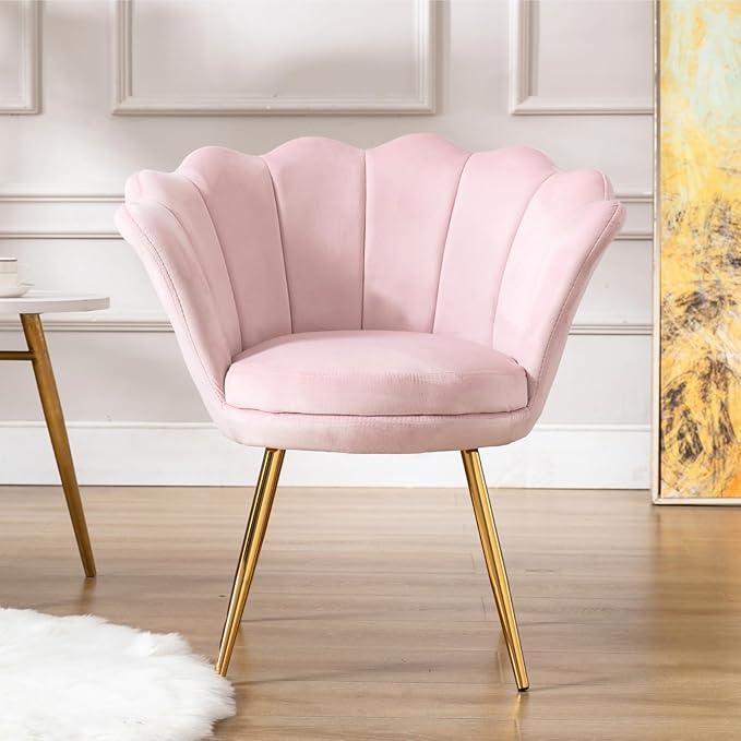chairus Light Pink Makeup Vanity Chair with Back Modern Velvet Upholstered Small Accent Chair with Gold Metal Legs Cute Shell Shaped Vanity Stool Desk Chair for Living Room Bedroom Dressing Room