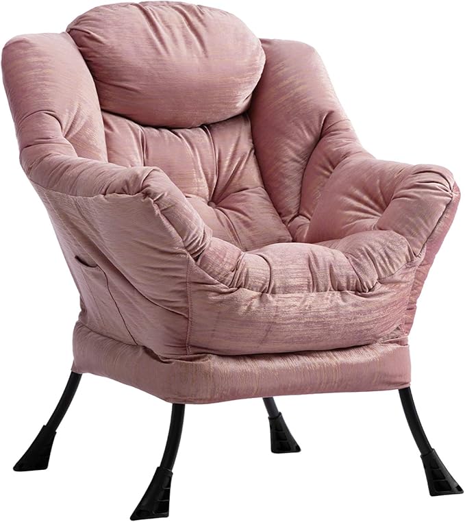 HollyHOME Lazy Chair with Armrest and Side Pocket Comfy Accent Lounge ChairLeisure Sofa Armchair for Living Room Bedroom Dorm or Small Spaces Oversized Reading Sofa ChairVelvet Gilding Pink