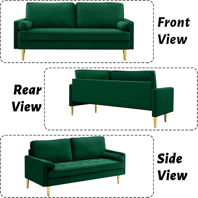 65 Inch Green Velvet Couch Small Loveseat Sofa &amp Office Sofa for Small Space Couch for Bedroom Livingroom 2 Pillows Gold Legs Tufted Seat (Green)