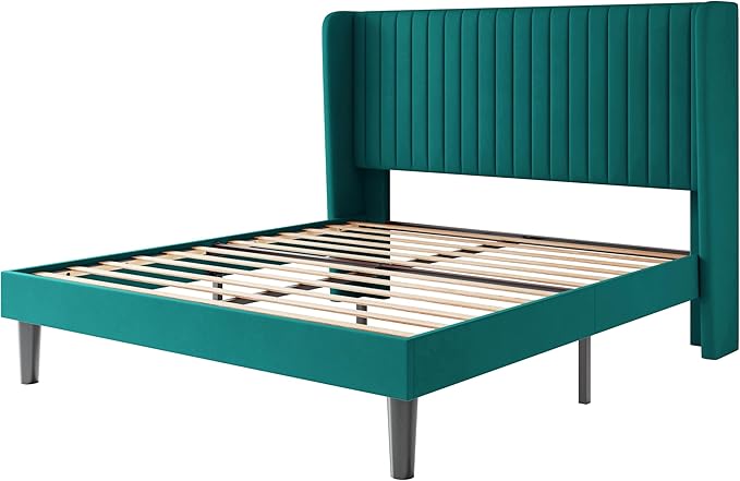 SHA CERLIN Full Size Velvet Bed Frame with Vertical Channel Tufted Wingback Headboard Upholstered Platform Bed with Wood Slats No Box Spring Needed Easy Assembly Teal