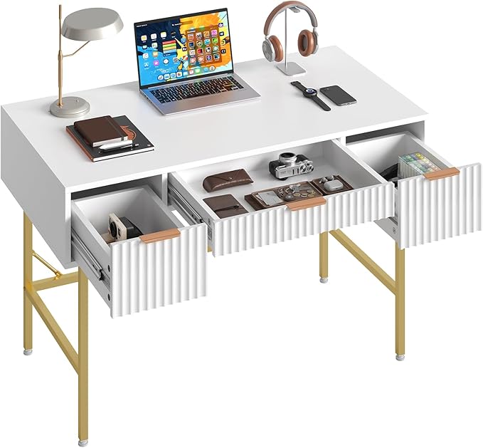 Bestier 47.6 Inch Fluted Computer Writing Desk with Drawers for Home Office White and Gold Vanity Desk Modern Simple Makeup Desk for Bedroom