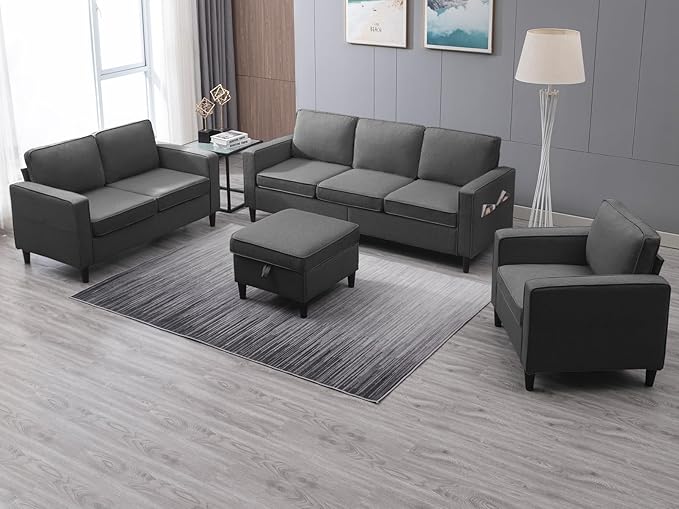 PUREMIND 3 Piece Living Room Sofa Sets Modern 3 Seater Sofa with Ottoman and Loveseat and Armchair Sets Linen Fabric L Shape Couch Set of 3 for Living Room Dark Grey