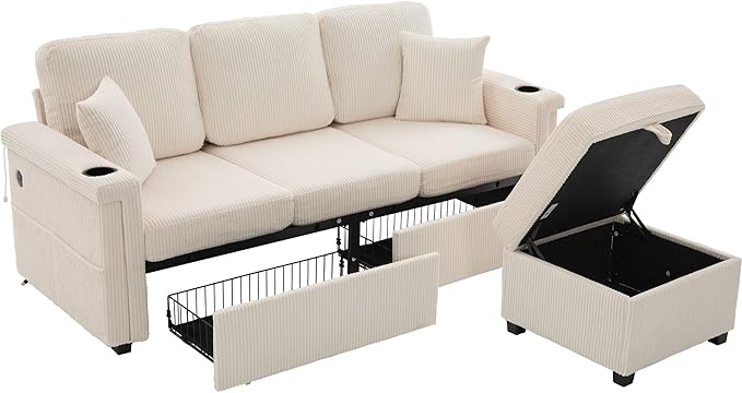 76'' Sectional Sofa Couches for Living Room 3 Seat L-Shaped Couch with Storage &amp Ottoman Corduroy Convertible Sofas with Chaise Apartment with USB Charging Cup Holder (Beige)