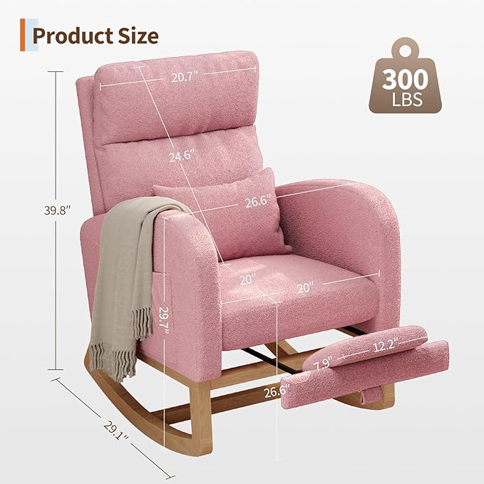GarveeHome Teddy Fleece Rocking Chair with Footrest Modern Nursery Glider Chair with Side Pockets and Pillow Rocker Chair for Living Room Bedroom Nursing Room Pink