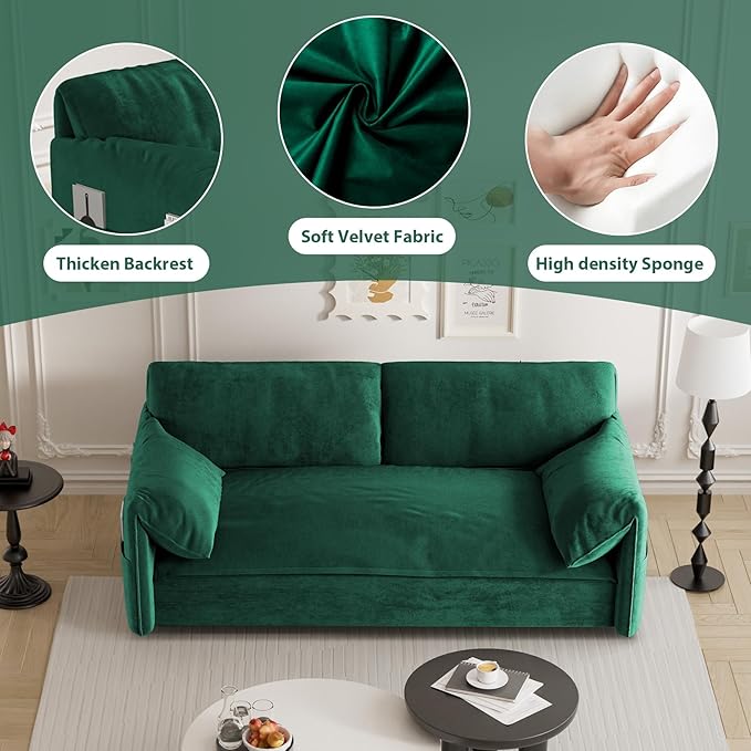 Ball &amp Cast 63.8 Pull Out Sofa Bed 3-in-1 Convertible Sleeper Sofa with Side Storage PocketsMulti-Functional Velvet Loveseat Bed for Living RoomBedroomApartmentOfficeGreen