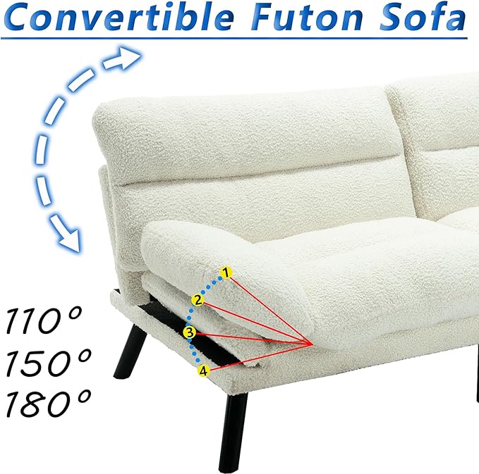 Anwick Modern Futon Couch Bed Sofa: Linen Fabric Quick Folding Armrest Space-Saving Convertible 2 Seater Loveseat for Living Room Bedroom Small Rooms Apartment (Pink) (White)
