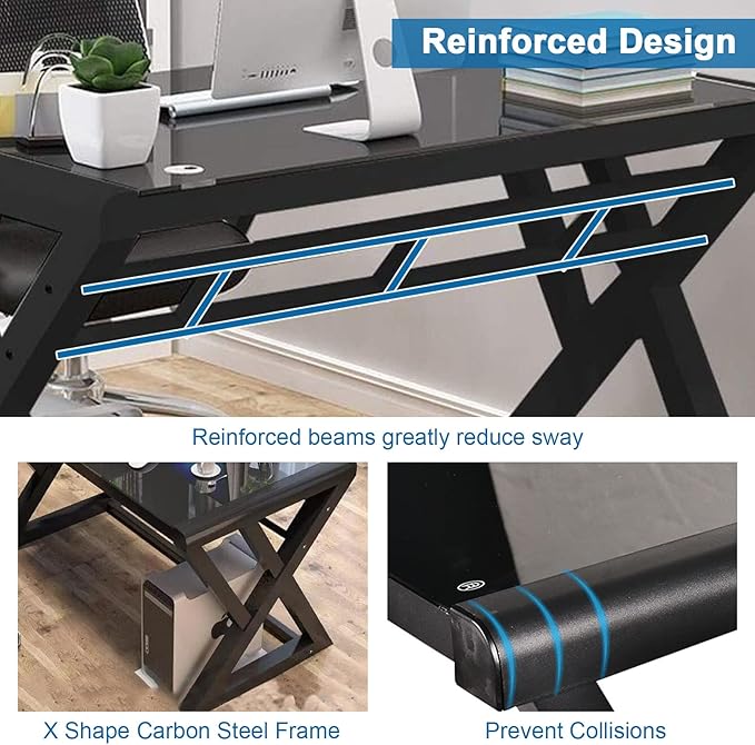 IPKIG Tempered Glass Computer Desk Modern Study Office Desk with Metal Frame and Glass Top Writing Study Desk Table Gaming Desk for Home Office Workstation (Black 55.1 Inch)