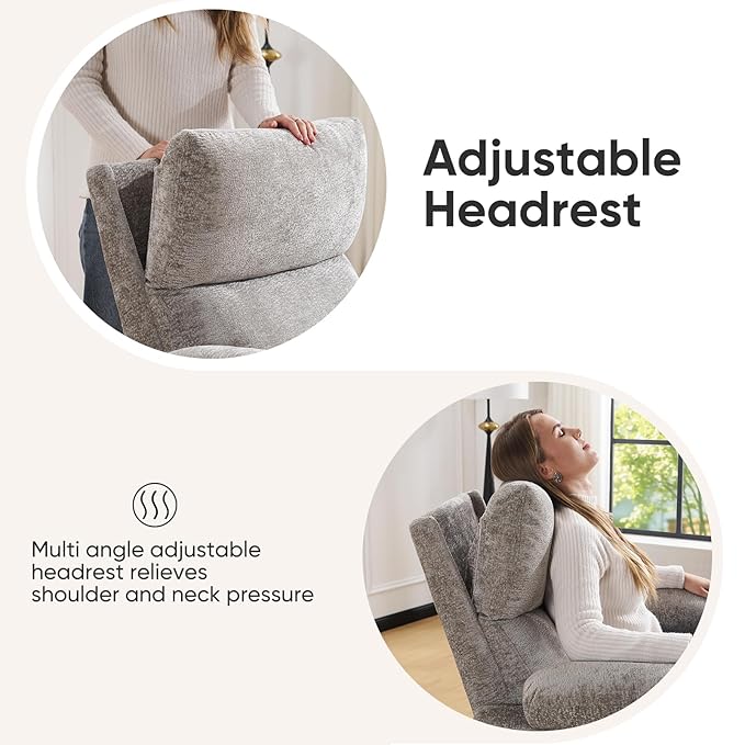 Swivel Rocker Recliner with Adjustable Armrests Rocking Nursery Chair with Adjustable Headrest Cup Holder Manual Recliner Nursing Chair for Breastfeeding Chenille Light Grey