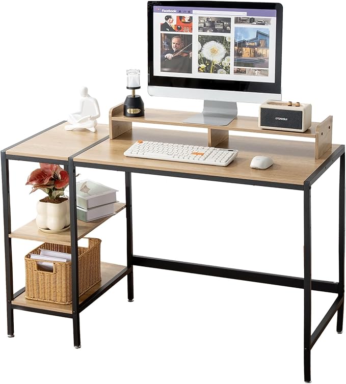 47-inch Computer Desk with Storage Shelf - Natural Wood Ideal Gaming Desk for Bedrooms Small Spaces and Home Offices Modern Writing Desk for PCs.