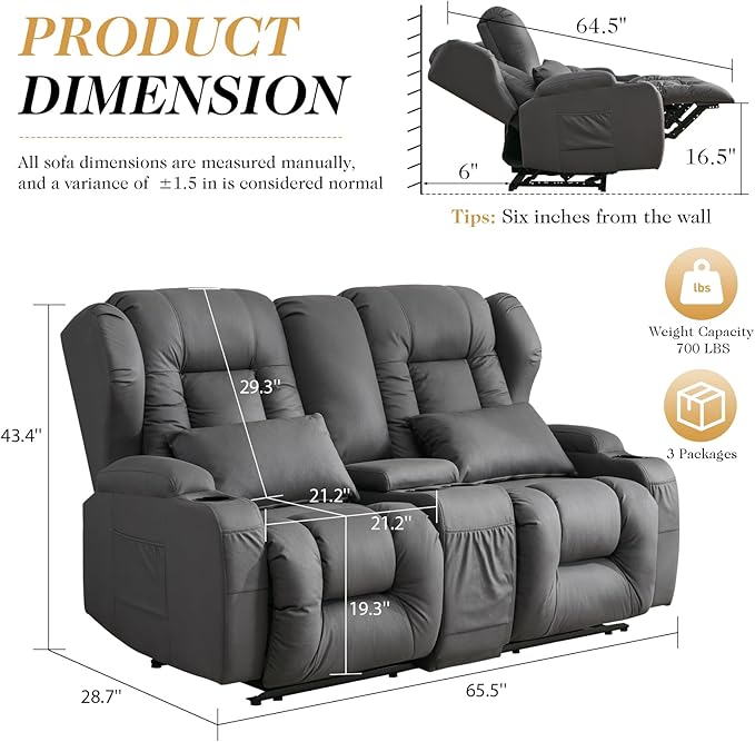 Loveseat Recliner SofaRV Wall Hugger Recliners for Small SpacesReclining Loveseat Sofa Recliner with Cup Holders/Lumbar PillowsRV Furniture (Gray Loveseat with Console)