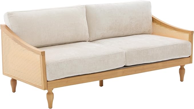 Christopher Knight Home Harper Mid-Century Loveseat Sofa Couch 2-Seater Lounge Sofa with Rattan Armrests and Wooden Legs Chenille Upholstered Couches for Living Room and Small Space Natural