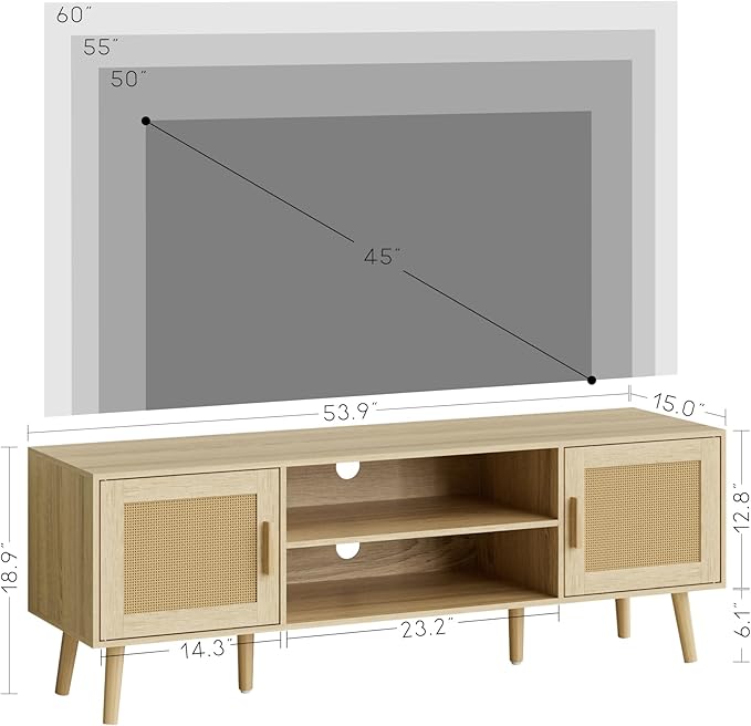 TV Stand for 55-65inch TV Rattan Entertainment Center with Soft Hinge DoorTV Console Table with 2 Cabinets with Gold Handle and Feetfor Living Room Bedroom Natural
