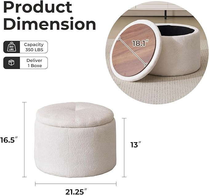 Modern Round Storage Ottoman Chenille Ottoman Foot Stools Ottoman Footstool with Removable Lid Storage Ottoman for Living Room Multi-Functional Footrest White
