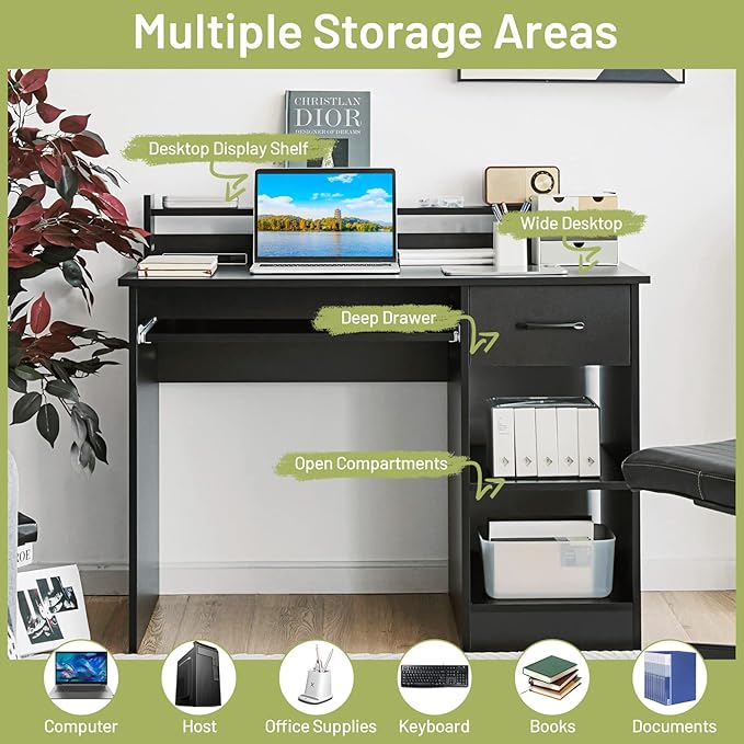 GORELAX Computer Desk with Hutch Wood PC Gaming Desk w/Drawers Open Storage Shelves Keyboard Tray Monitor Stand Student Desk for Bedroom Small Home Office Desk for Small Spaces (Black)
