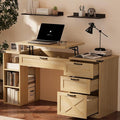 Farmhouse Lift Top Desk: Rustic Wood Standing Desk with 3 Drawers &amp Open Storage Shelves Adjustable Height White &amp Brown Home Office Computer Desk for Work Study Writing (Natural Oak)
