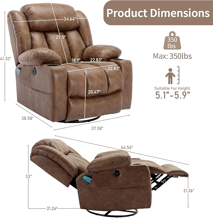 360° Swivel Rocker Recliner Chair with Heat and Massage Manual Glider Rocking Reclining Chair Swivel Overstuffed Lounge Reclining Chair with 2 Cup Holders Side Pockets &amp USB Ports Brown