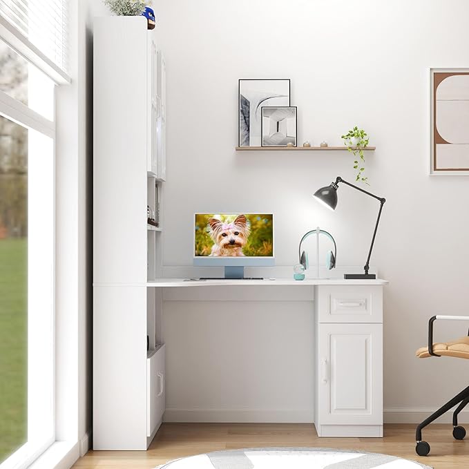 l Shaped Desk with Hutch &amp Drawers Small Corner Desks for Small Space Home Office Farmhouse Desk and Bookshelf Combo with Storage (White)
