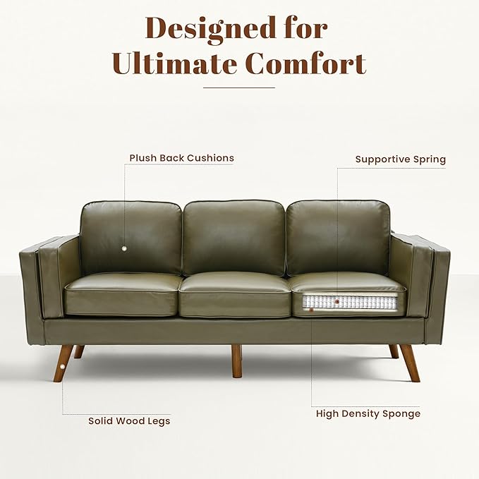 Kingfun Living Room Furniture Sets 3 Seater Couch and Armchair Mid Century Modern Sofa Set Faux Leather Couch with Solid Wood Frame for Living Room &amp Bedroom Olive Green