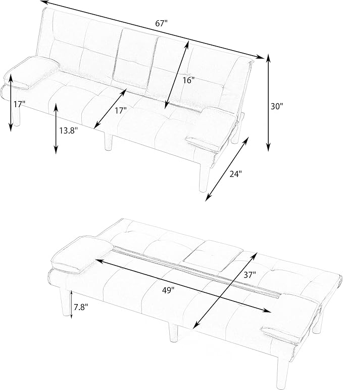 67Modern Futon Sofa BedConvertible 3 in 1 Sleeper Bed Couches with Adjustable BackrestCup HoldersComfy PU Leather Recliner Sofa Loveseat with Chrome Legs for Small Home Living Room (Grey)