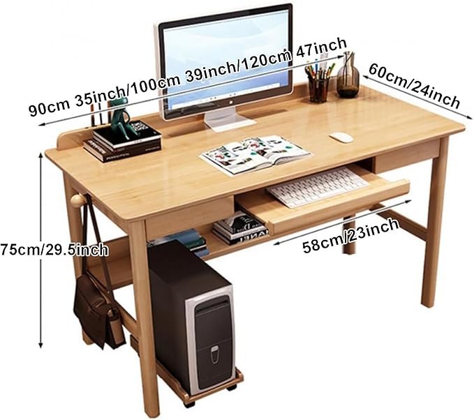 Solid Wood Office Desk with Keyboard Tray Writing Desk with Drawers and BookshelfModern Home Office Desk Study Writing PC Table Workstation for Small Spaces(90x60x75cm(35x24x30inch) Walnut)